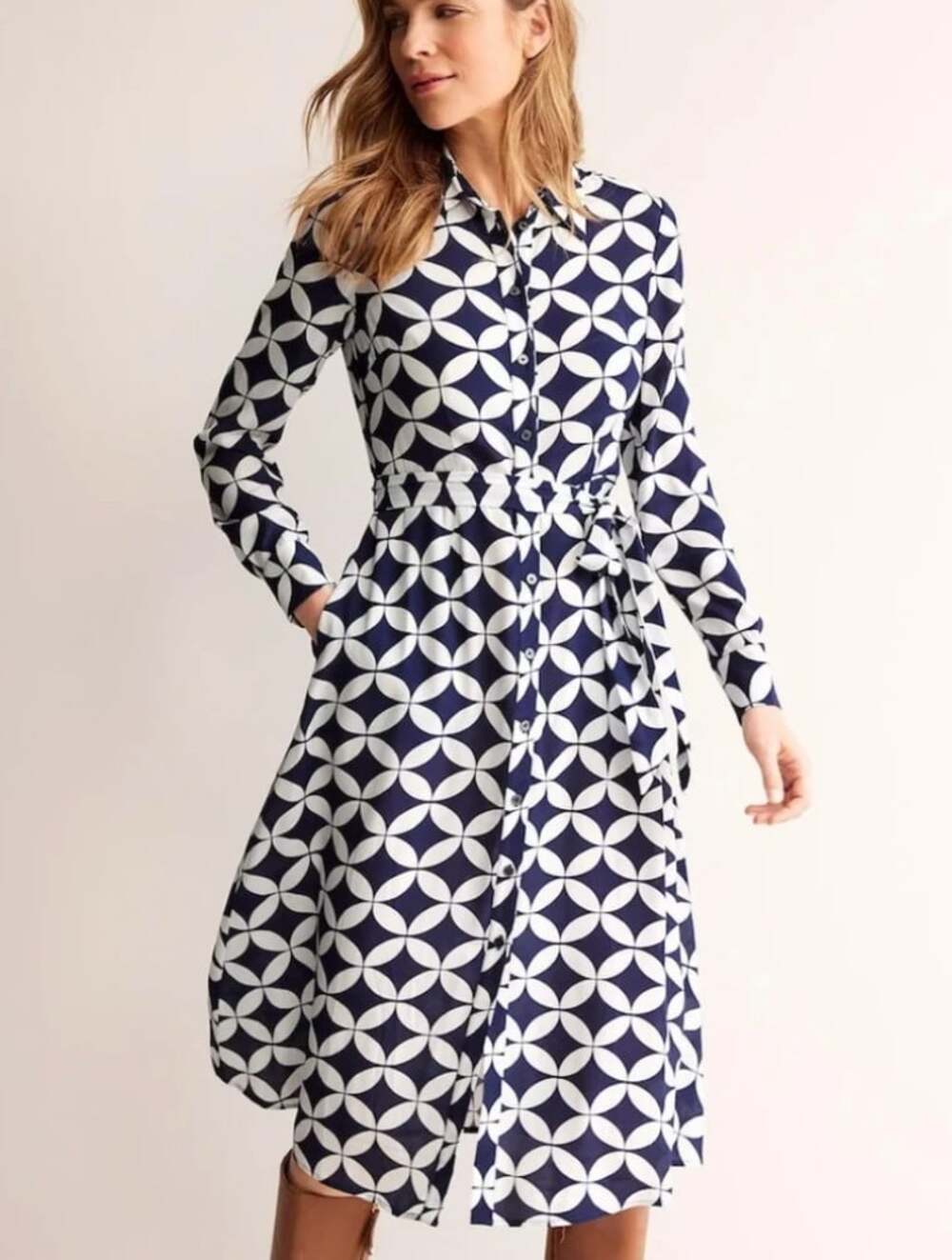 Boden NWT Kate Midi Shirt Dress in Navy White Pattern Size 16